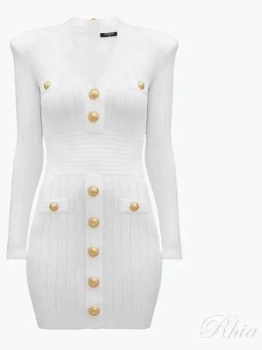 Women's Gold Button Knit Short Dress White - BALMAIN - BALAAN 2