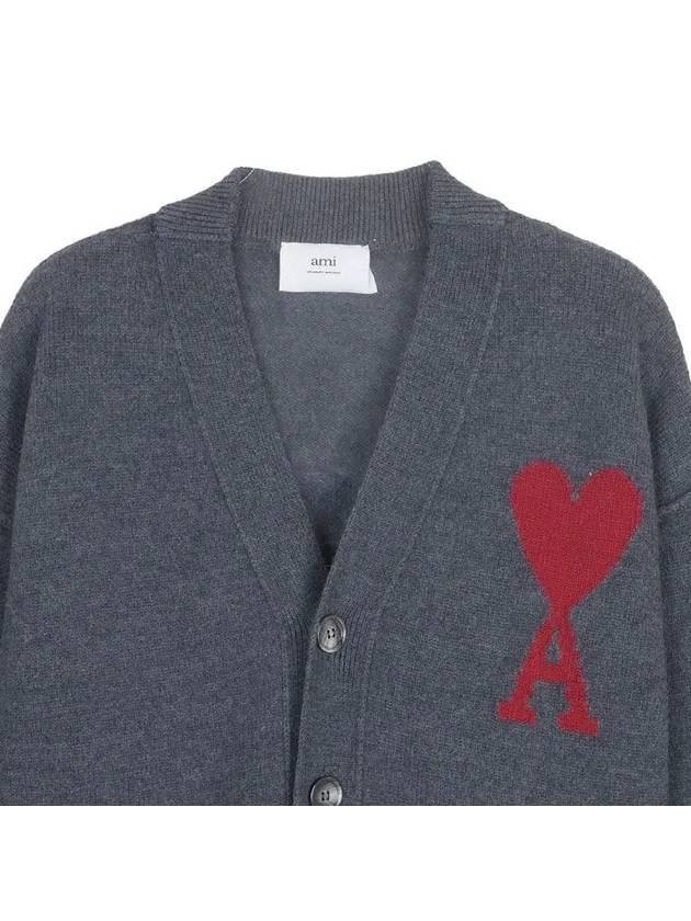 Heart Logo V Neck Wool Cardigan Heather Grey - AMI - BALAAN 6