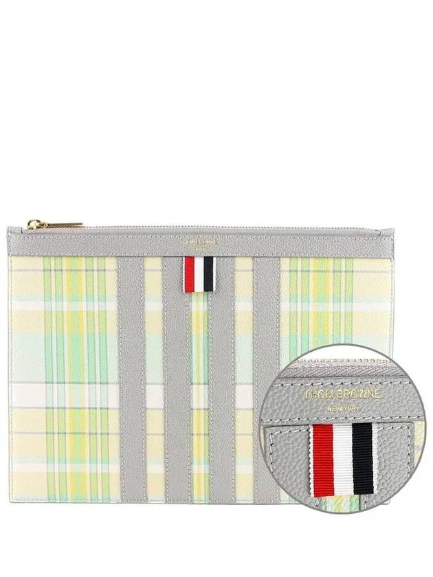 Madras Print Pebble Grain Leather Clutch Bag Pastel Green - THOM BROWNE - BALAAN 2