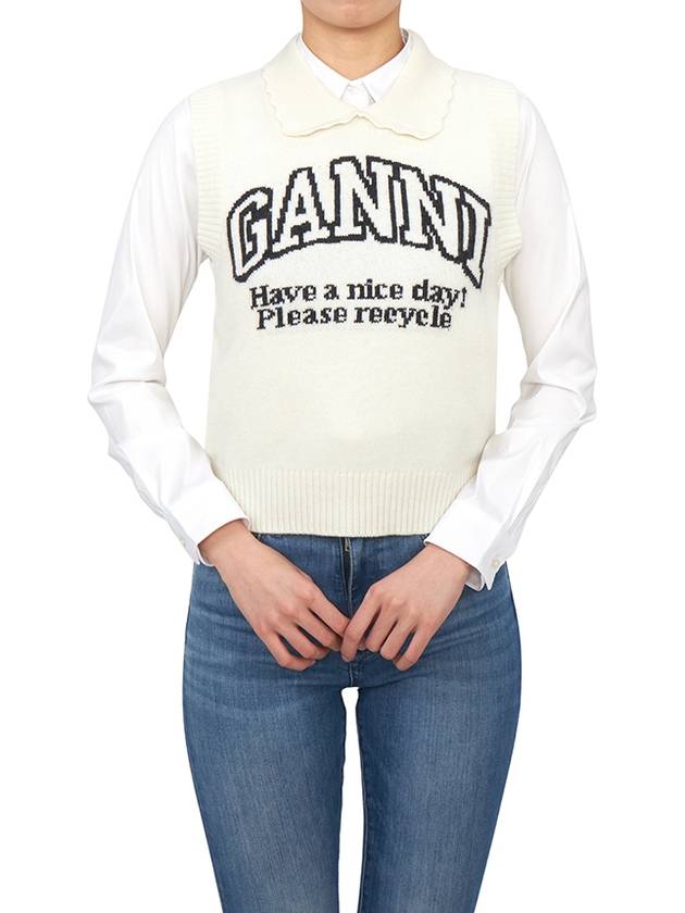 Women's Collar Neck Logo Knit Vest Ivory - GANNI - BALAAN 5