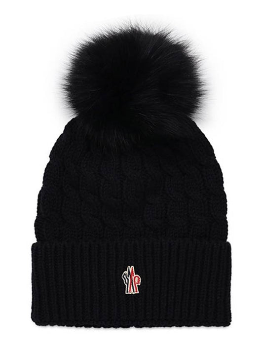 Black Logo Grenoble Pom Pom Wool Beanie 3B00018 0402A 999 - MONCLER - BALAAN 1