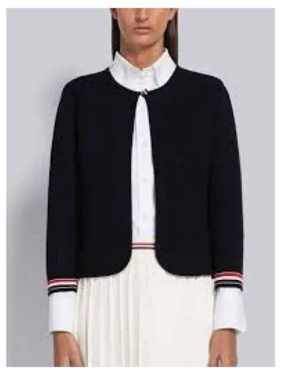 Grid Stitch Pointelle Cropped Crew Neck Cardigan Navy - THOM BROWNE - BALAAN 2