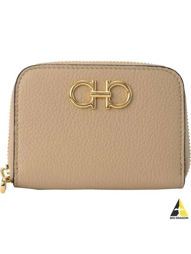 Women's Gancini Logo Zipper Card Wallet Beige - SALVATORE FERRAGAMO - BALAAN 2