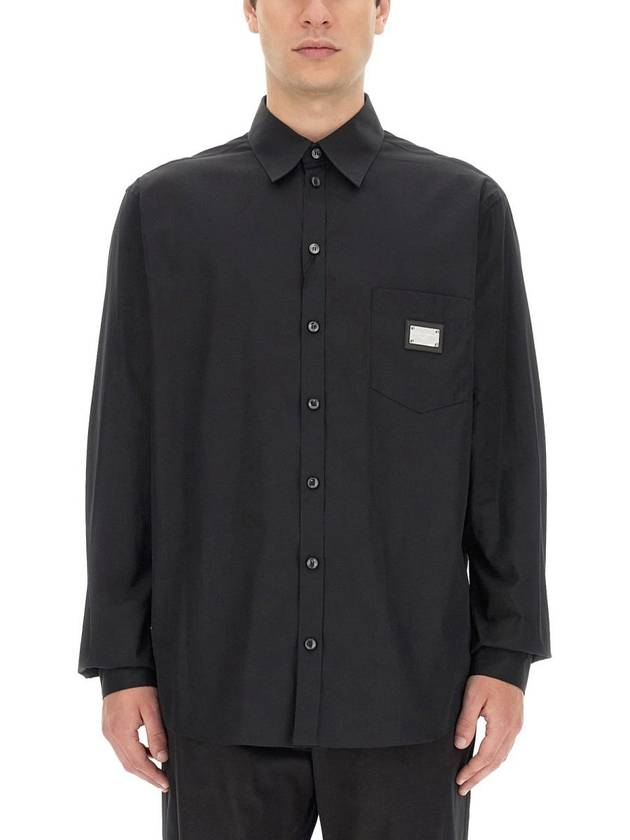 Logo Plaque Martini Cotton Long Sleeve Shirt Black - DOLCE&GABBANA - BALAAN 2