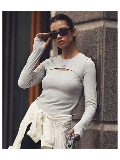 NBNDE3W822 WOMEN Light ribbed cutout long sleeve t shirt MGRAY - NEW BALANCE - BALAAN 1