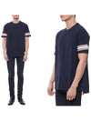 Textured Cotton Stripe Short Sleeve T-Shirt Navy - THOM BROWNE - BALAAN 2