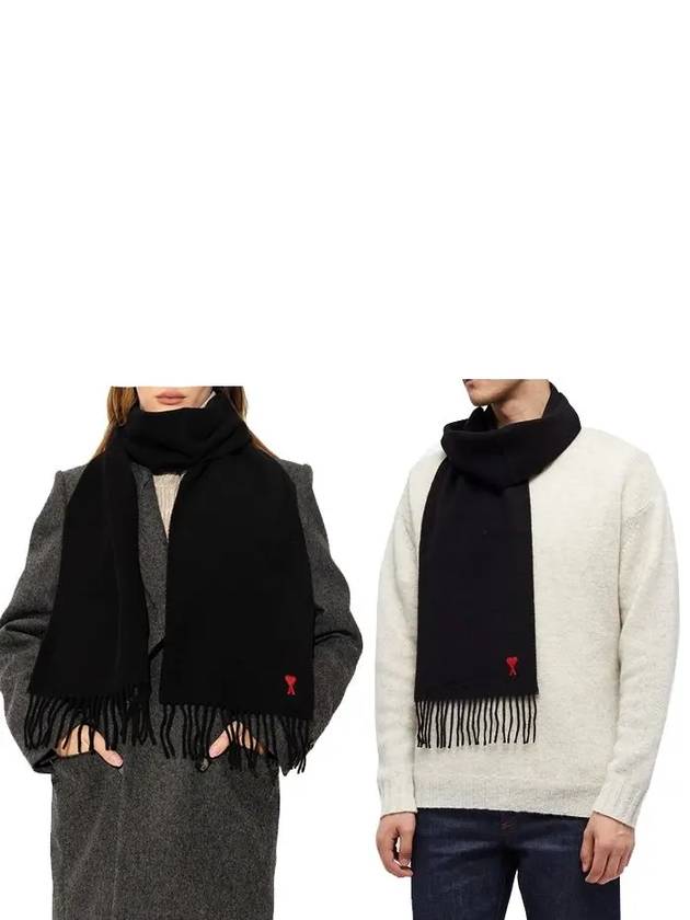 Small Heart Logo Wool Scarf Black - AMI - BALAAN 4