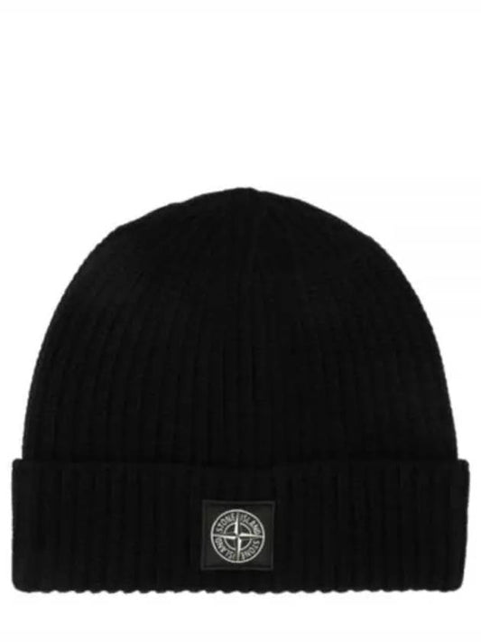 Logo Patch Rib Wool Beanie Black - STONE ISLAND - BALAAN 2