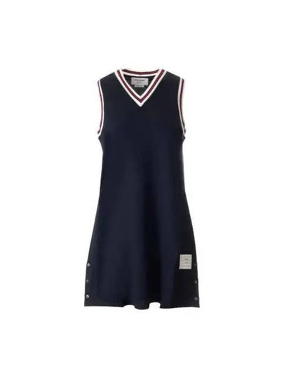 Women's Classic Pique Stripe V-Neck Cotton Tennis Dress Navy - THOM BROWNE - BALAAN 2