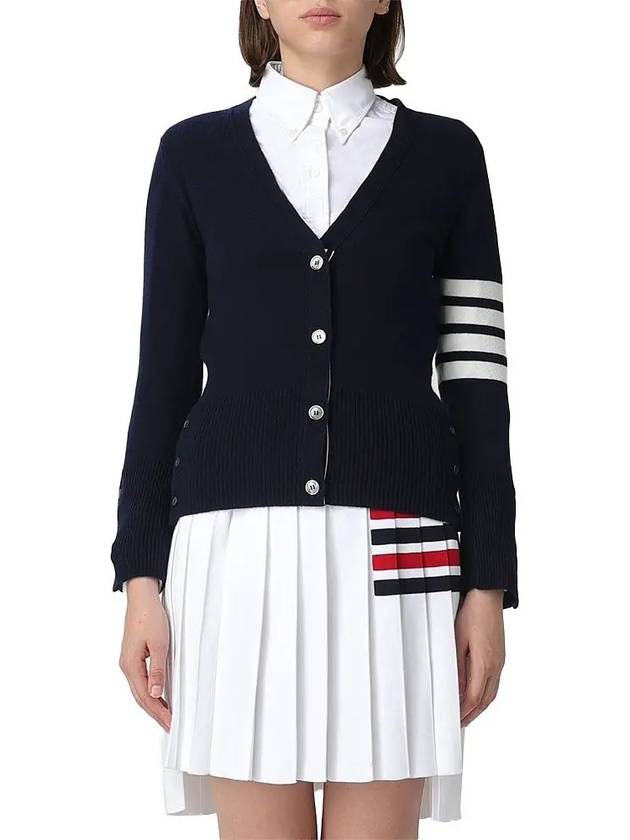 Milano Stitch 4 Bar Classic V Neck Fine Merino Wool Cardigan Navy - THOM BROWNE - BALAAN 2