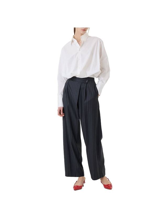 Women's High Waist Diagonal Pin Tuck Striped Wide Pants Black - RS9SEOUL - BALAAN 1