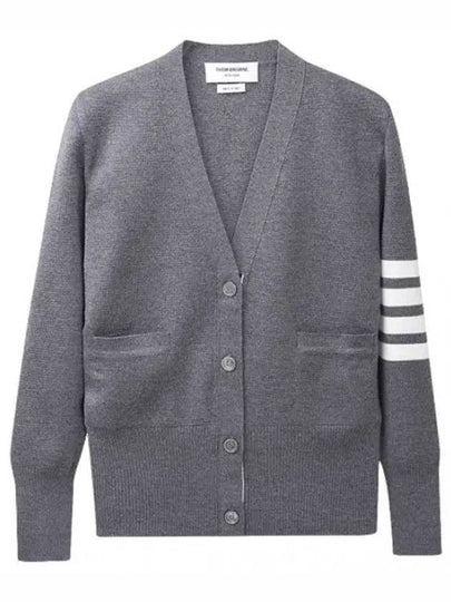 Milano Stitch 4 Bar Classic V Neck Fine Merino Wool Cardigan Medium Grey - THOM BROWNE - BALAAN 2