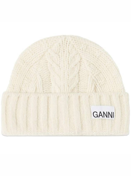logo cable knit beanie egret - GANNI - 1