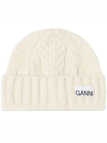 Logo Cable Knit Beanie Egret - GANNI - BALAAN 1