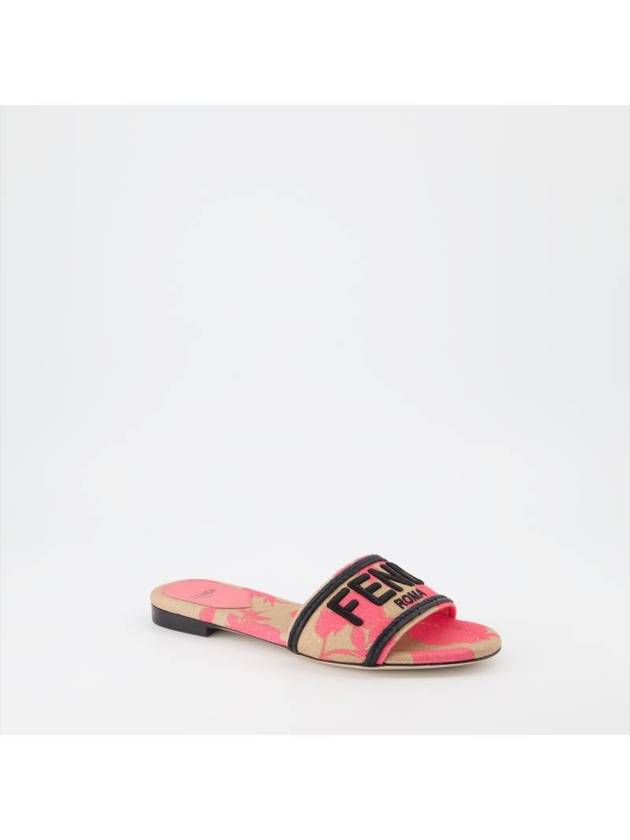 Rose Print Embroidered Logo Canvas Slide Slippers Pink - FENDI - BALAAN 3