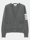 Sustainable Fine Merino Wool 4-Bar Relaxed Fit V-Neck Cardigan Medium Grey - THOM BROWNE - BALAAN 4