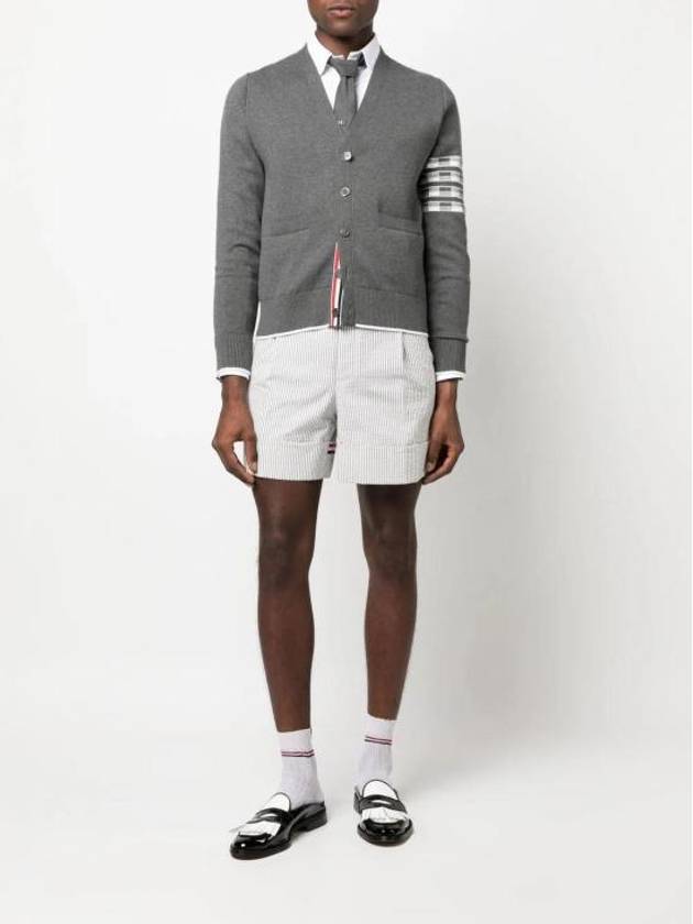 4-Bar V-Neck Hector Jacquard Cotton Cardigan Grey - THOM BROWNE - BALAAN 3