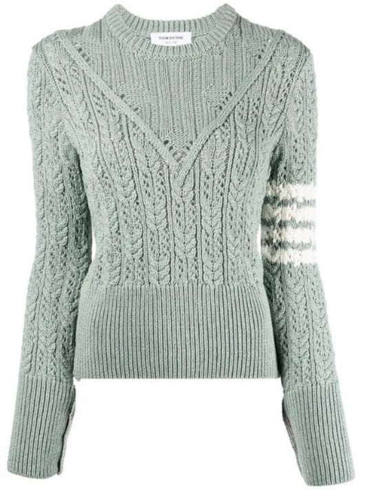 diagonal crew neck cable knit top light green - THOM BROWNE - BALAAN.