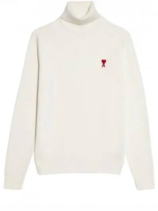 Small Heart Logo Extrafine Merino Wool Turtleneck White - AMI - BALAAN 2