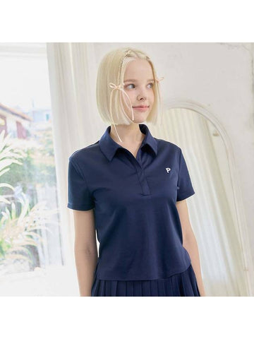 SEMI CROPPED PIQUE POLO SHIRTNavy - PLAYBOO - BALAAN 1