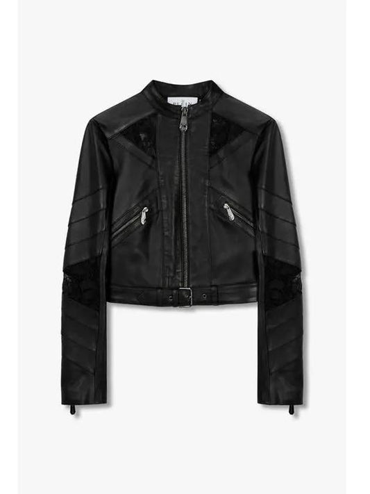 Women s Lace Patch Belted Leather Jacket Black - PHILIPP PLEIN - BALAAN 1