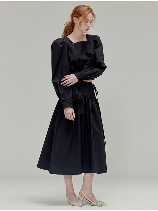 Rose brooch ribbon shirring skirt_Black - OPENING SUNSHINE - BALAAN 1