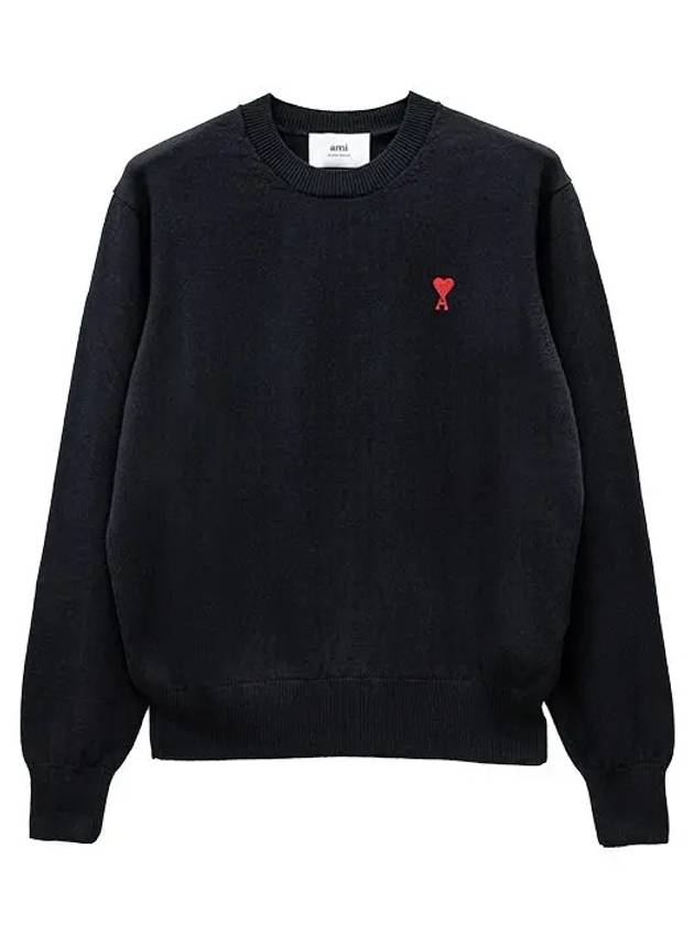 Heart Embroidered Logo Crew Neck Knit Top Black - AMI - BALAAN 2