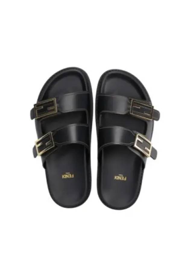 Women's FF Leather Fill Flat Sandals Slippers Black - FENDI - BALAAN 2