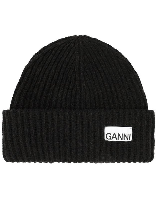 logo patch wool beanie black - GANNI - BALAAN.