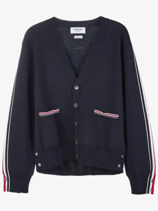 Men's Navy Side Intarsia Milano Stitch Wool Cardigan Navy - THOM BROWNE - BALAAN 2