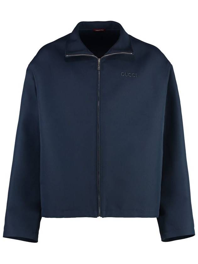 Embroidered wool acetate zip up jacket dark blue - GUCCI - BALAAN 2