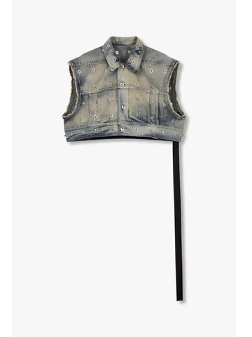 WOMEN DRKSHDW Cropped Snap Denim Vest Washed Indigo - RICK OWENS - BALAAN 1