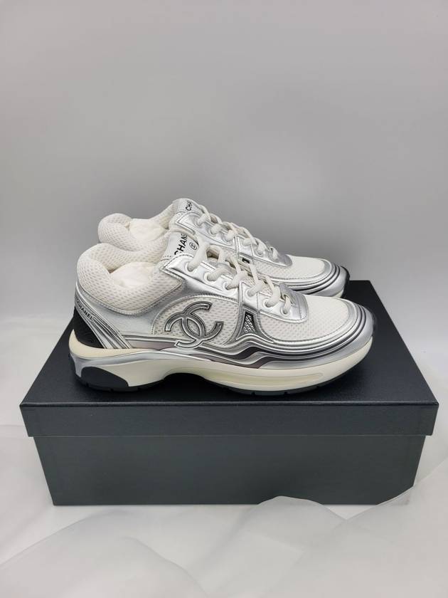 Fabric Laminated Low Top Sneakers Silver - CHANEL - BALAAN 3