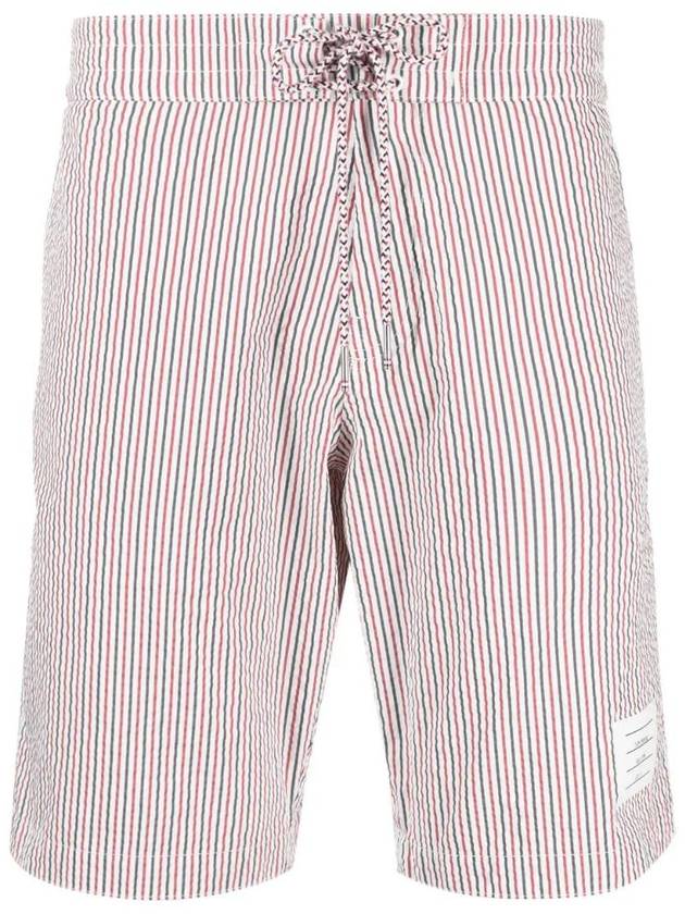 Men's Seersucker 4 Bar Drawstring Board Swim Shorts White - THOM BROWNE - BALAAN 1