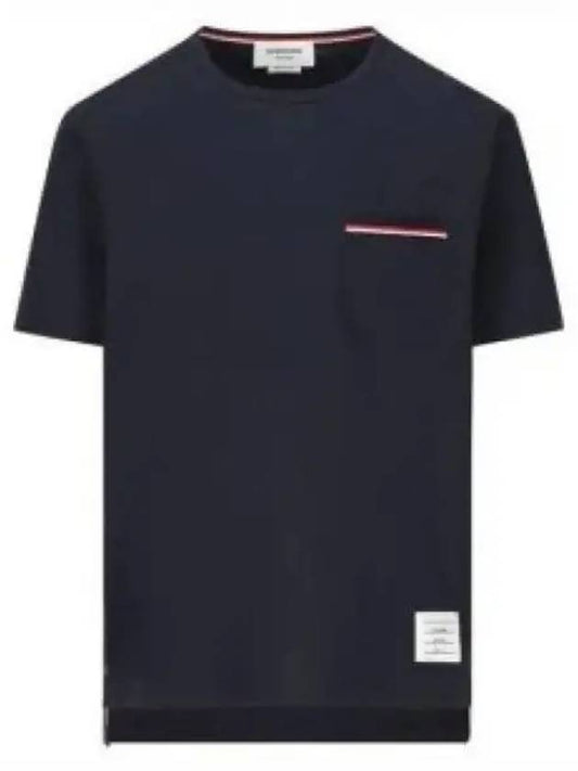 Men's Medium Weight Jersey Tipped Pocket Crewneck Short Short Sleeve T-Shirt Navy - THOM BROWNE - BALAAN 2