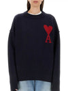 Big Heart Logo Wool Knit Top Navy - AMI - BALAAN 3