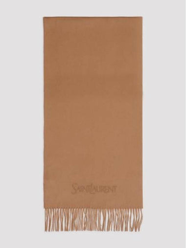 Logo Embroidered Cashmere Muffler Camel - SAINT LAURENT - BALAAN 1