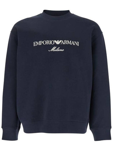 Blue Crewneck Sweatshirt With Maxi Logo Lettering On The Front In Cotton Blend Stretch Man - EMPORIO ARMANI - BALAAN 1