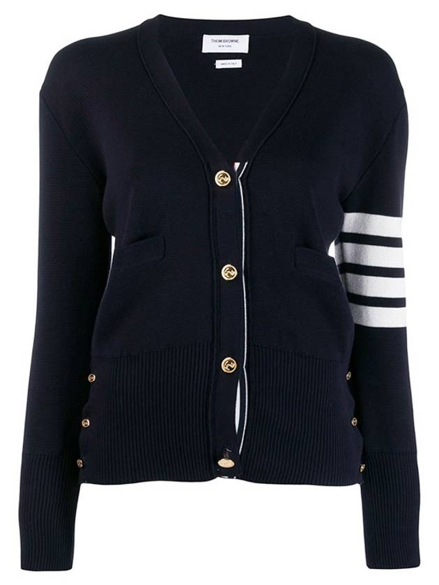 Milano Stitch 4 Bar Classic V Neck Fine Merino Wool Cardigan Navy - THOM BROWNE - BALAAN 3