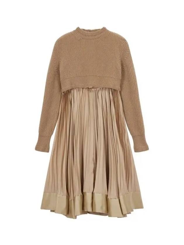 Women's Silky Pleated Wool Knit Dress Camel 271822 - SACAI - BALAAN 1