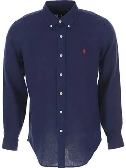 Men's Pony Embroidery Linen Oxford Long Sleeve Shirt Blue - POLO RALPH LAUREN - BALAAN 2