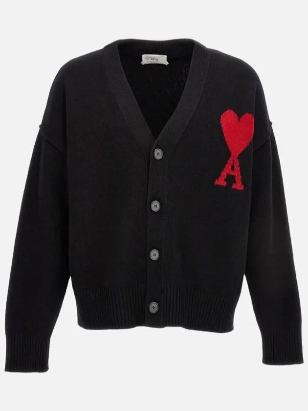 Heart Logo V Neck Wool Cardigan Black - AMI - BALAAN 4