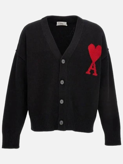 Heart Logo V Neck Wool Cardigan Black - AMI - BALAAN 2