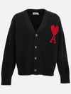 Heart Logo V Neck Wool Cardigan Black - AMI - BALAAN 3