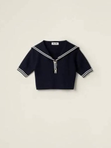 Sailor Collar Cotton Short Sleeve T-shirt Navy White - MIU MIU - BALAAN 1