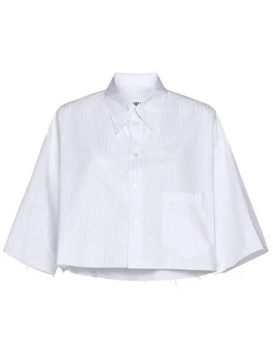 Pinstripe Poplin Cropped Cotton Short Sleeve Shirt White - MAISON MARGIELA - BALAAN 2