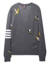 Men's Merino Bird Bee 4 Bar V-Neck Merino Cotton Cardigan Medium Grey - THOM BROWNE - BALAAN 3