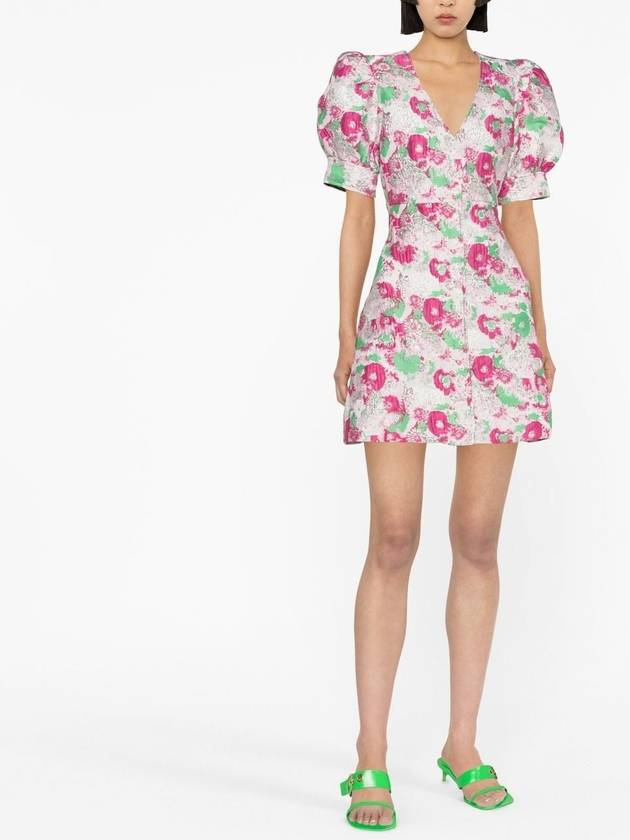 Women's Floral Puff Sleeve V-Neck Short Dress - GANNI - BALAAN 3