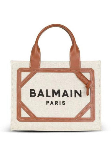 B Army Canvas Leather Inserts Small Shopping Tote Bag Brown - BALMAIN - BALAAN 1