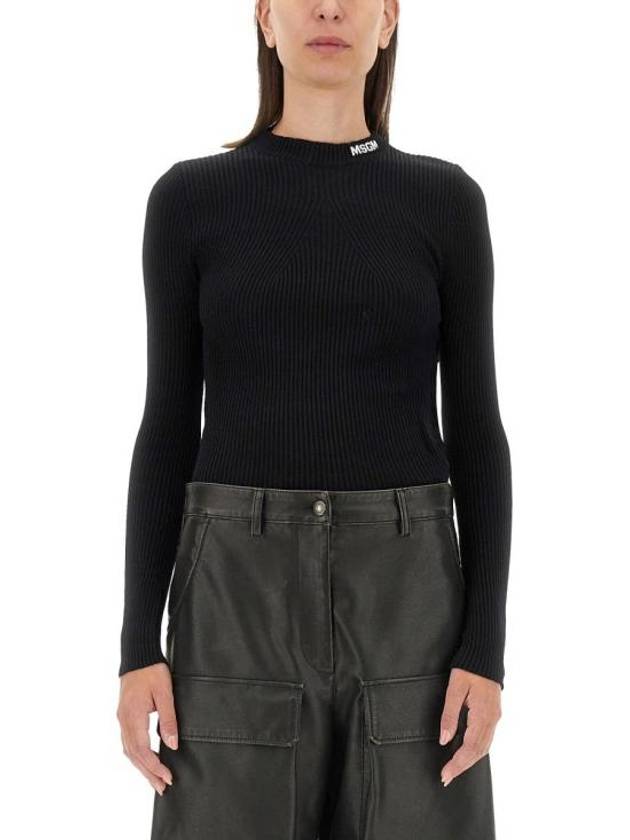 Stretch Ribbed Viscose Knit Top Black - MSGM - BALAAN 2